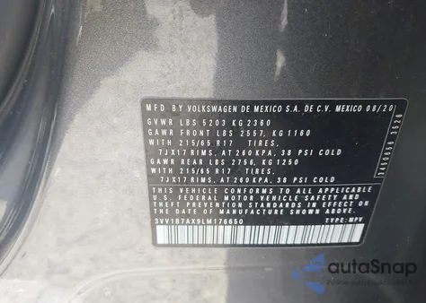 2020 Volkswagen Tiguan 2.0T S from USA, damaged, VIN 3VV1B7AX9LM176650